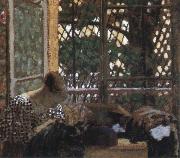 Edouard Vuillard woman sewing before a garden oil on canvas